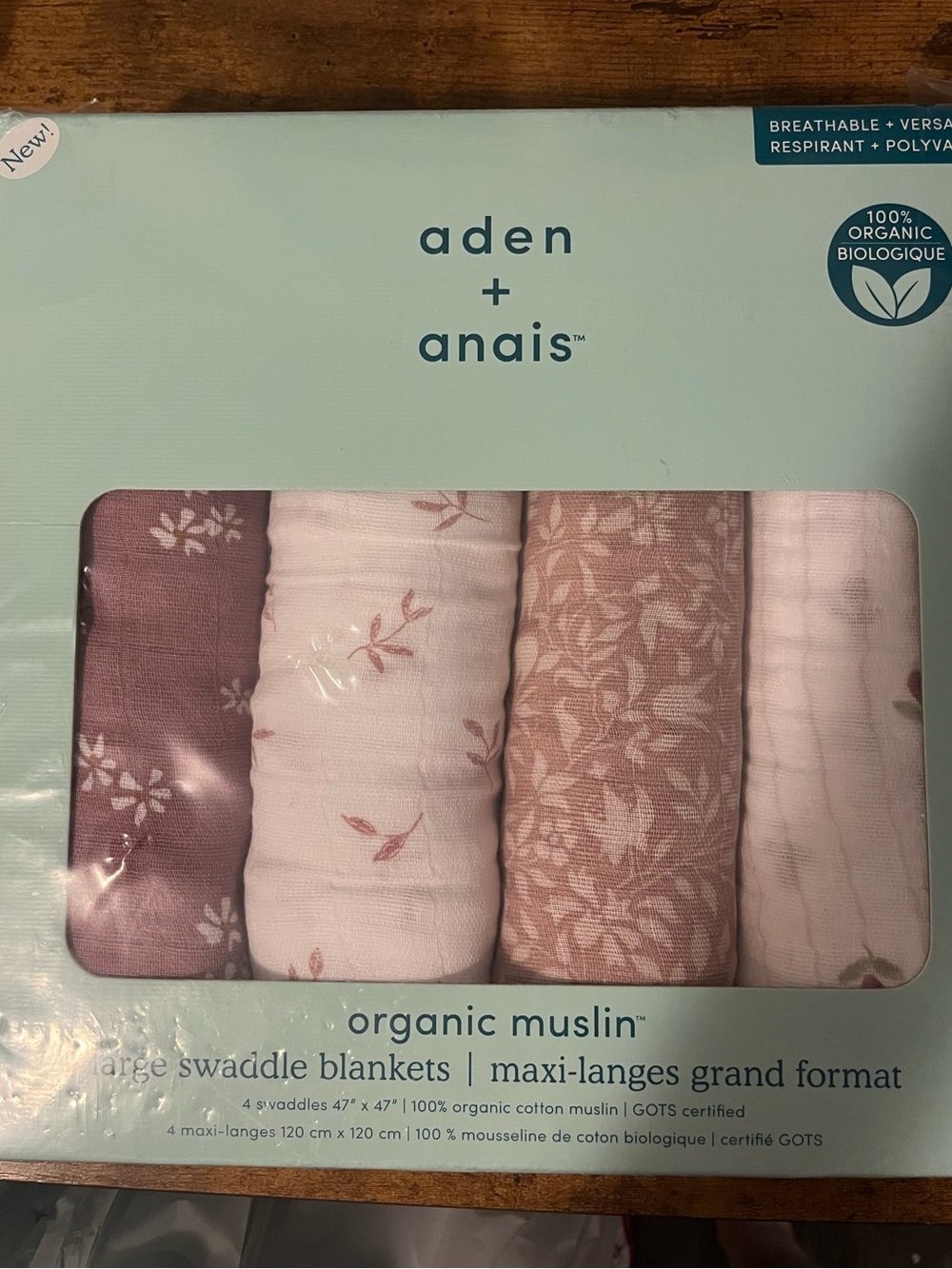 Aden & Anais 100%Organic Cotton Muslin Blankets 4 Pack Large Swaddles NEW Sealed